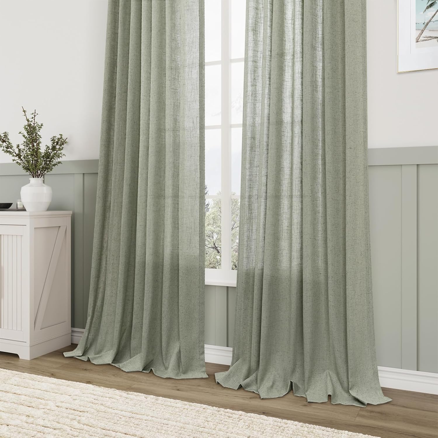 Sage Green Semi Sheer Linen Curtains 84 Inch Length 2 Panels Set Back Pocket Living Room Window Treatments Drapes Boho Farmhouse Light Green Curtain for Nursery Bedroom Closet Door 52x84