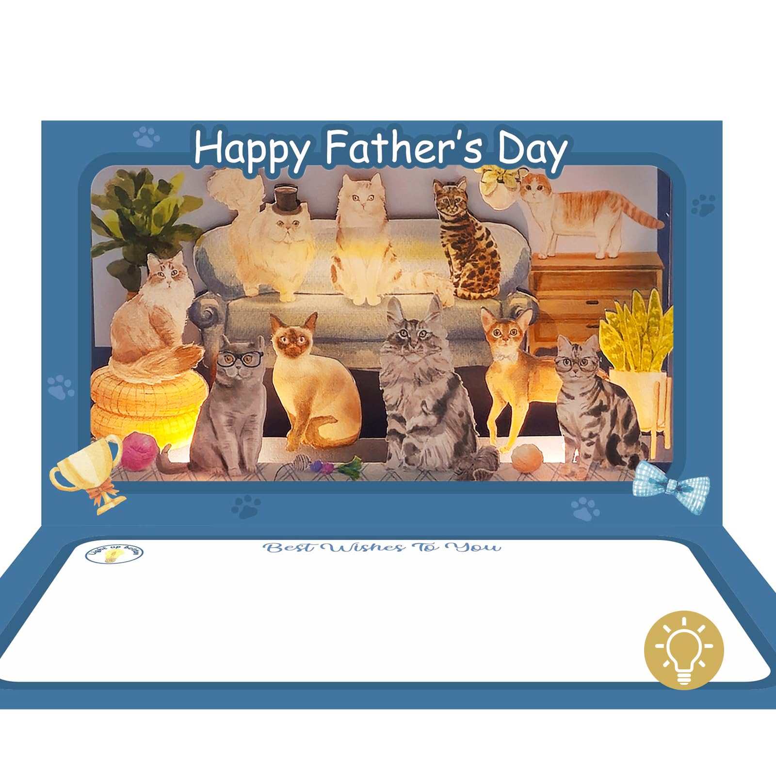 DTESL 4D Pop Up Fathers Day Card with lights, Cat Father's Day Card For DAD, Living Room, Cat Themed