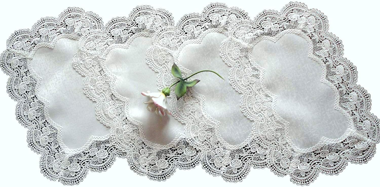 Galleria di Giovanni Royal Rose European Lace White Place Mats Doilies Retangular Set of Four