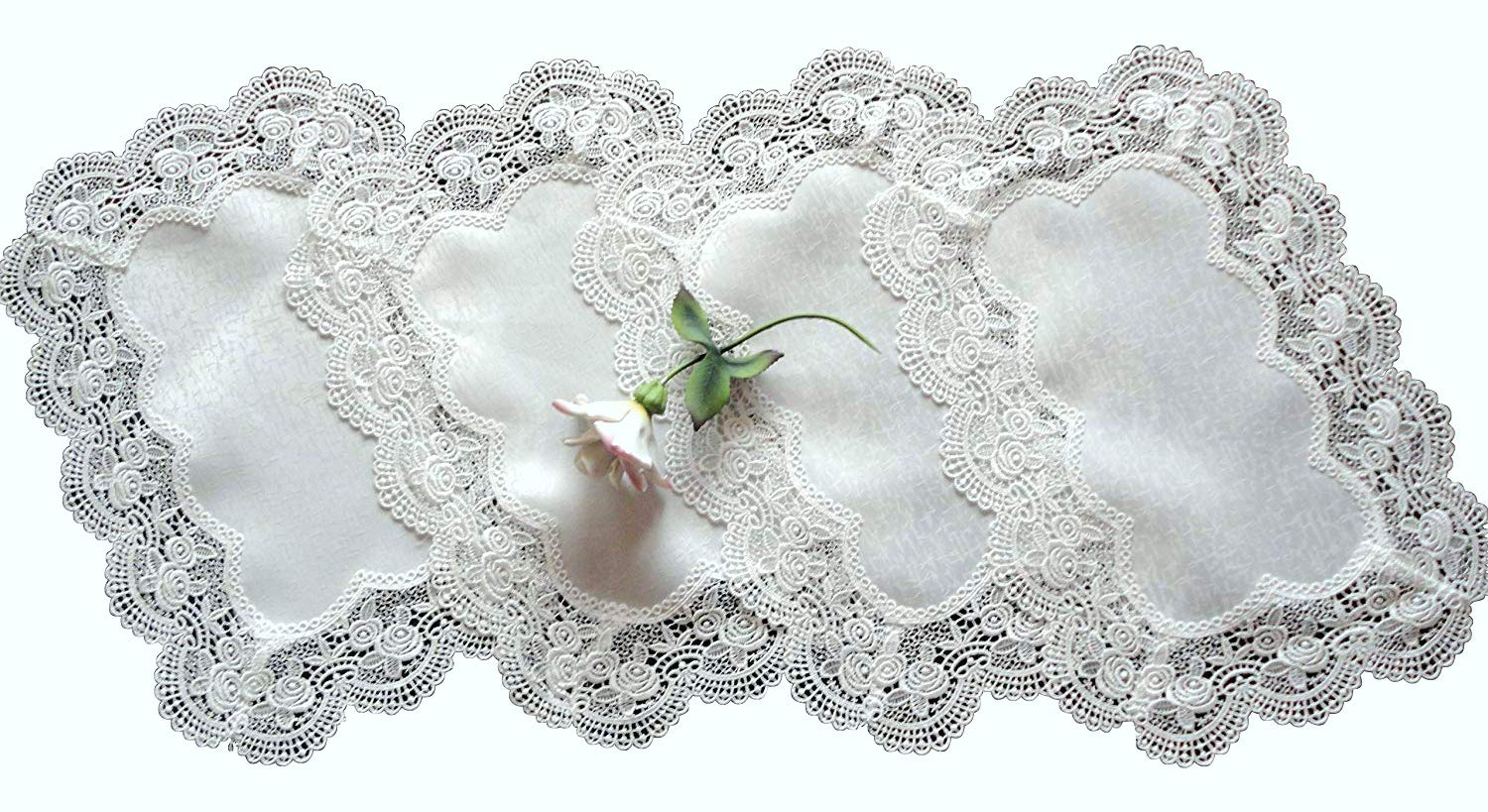 Galleria di Giovanni Royal Rose European Lace White Place Mats Doilies Retangular Set of Four