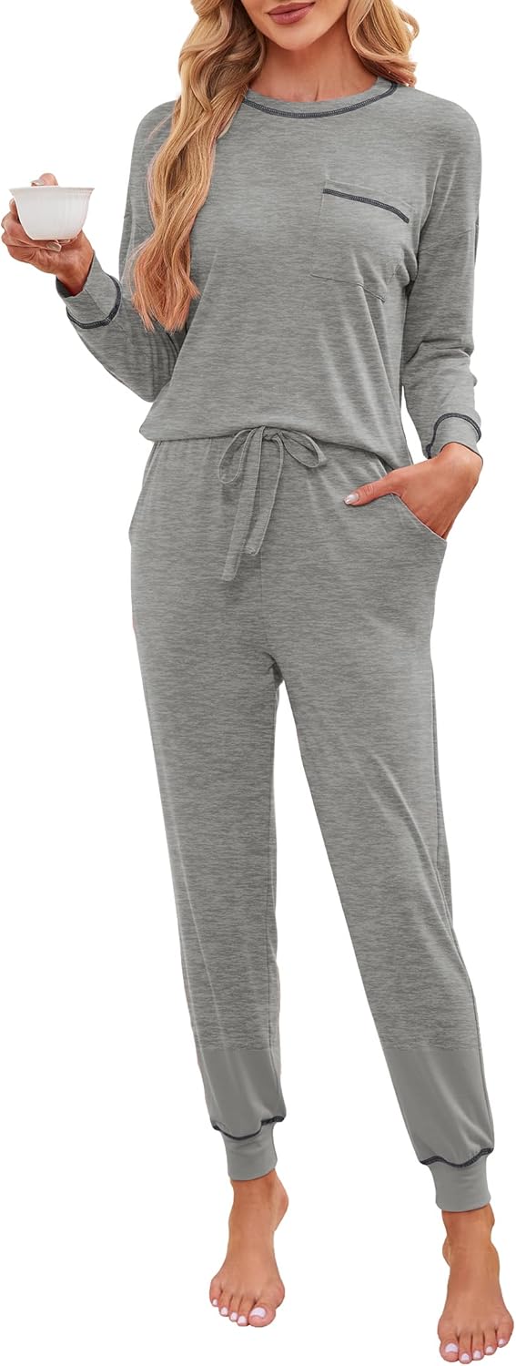 Nieery Damespyjama, lange tweedelige katoenen pyjamaset, nachtkleding, lange mouwen, bovendeel en pyjamabroek, huispak, sleepwear voor vrouwen, marineblauw, M