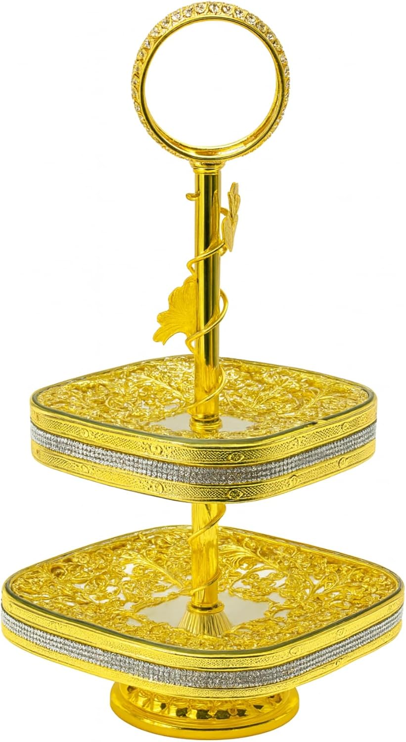 Luxury Two-Tier Gold Filigree Serving Stand with Glass Trays — Ornate Metal Dessert & Snack Display / Centerpiece for Weddings, Parties & Home Décor — 10 x 10 x 19 in, 3.4 lbs