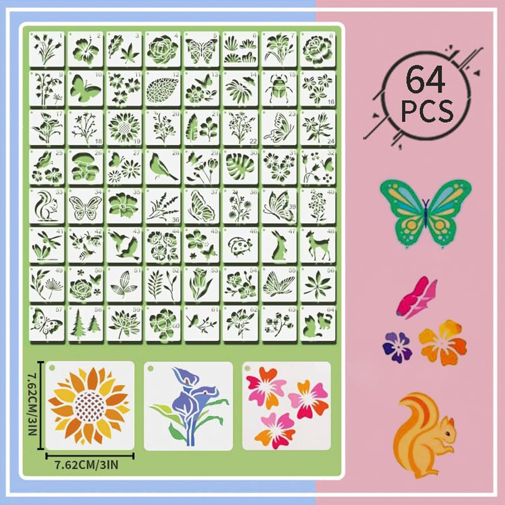 Flower Stencils, 64Pcs Flower Stencils for Painting Reusable Butterfly Flower Bird Drawing Stencil Painting Openwork Stencil Painting DIY Crafts on Wood Wall Home Decor - Image 2