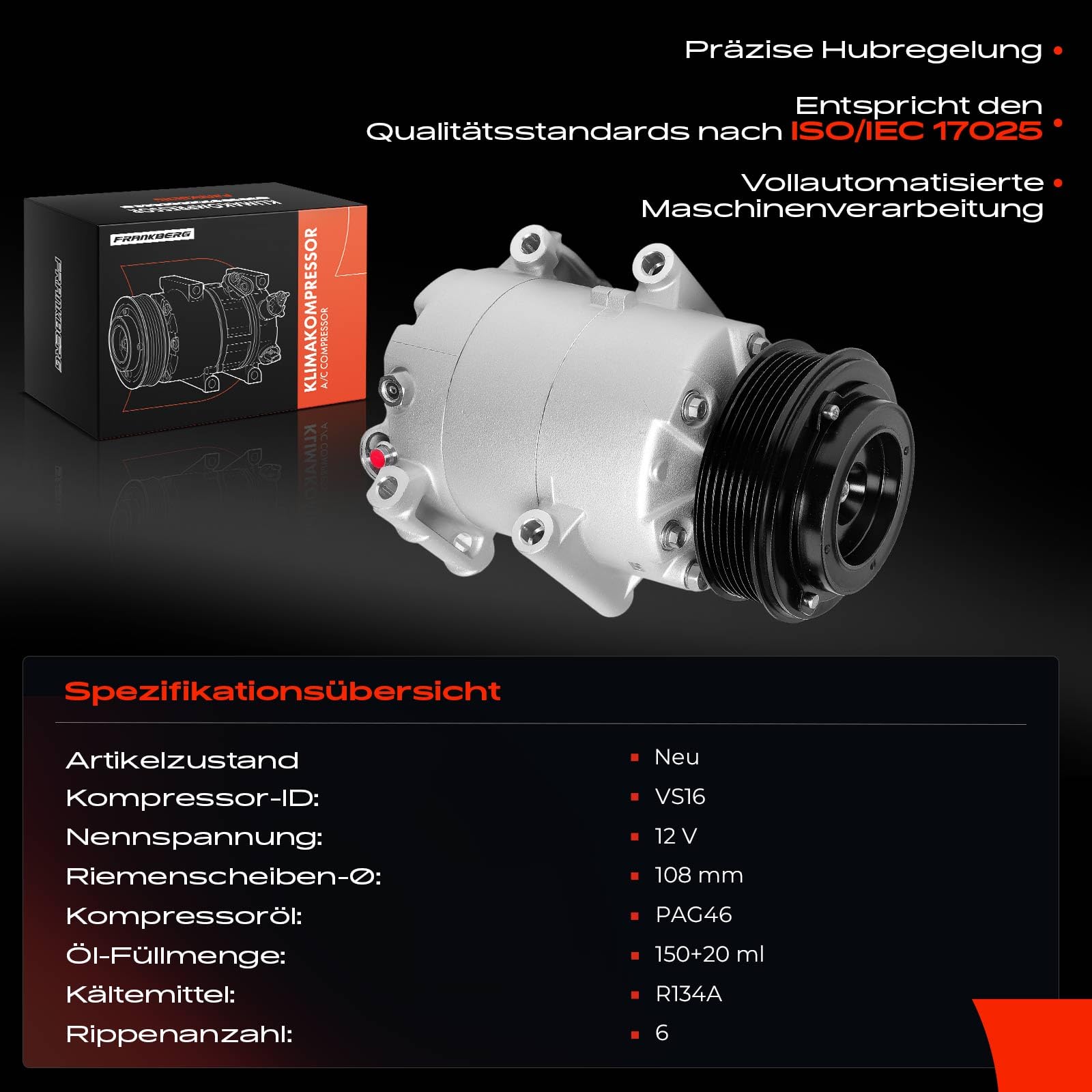 Frankberg Klimaanlagen Kompressor mit Kupplung Kompatibel mit Fiesta Stufenheck Fiesta VI CB1 CCN Focus III B-Max JK Replace# AV1119D629BB, Öl vorbereift