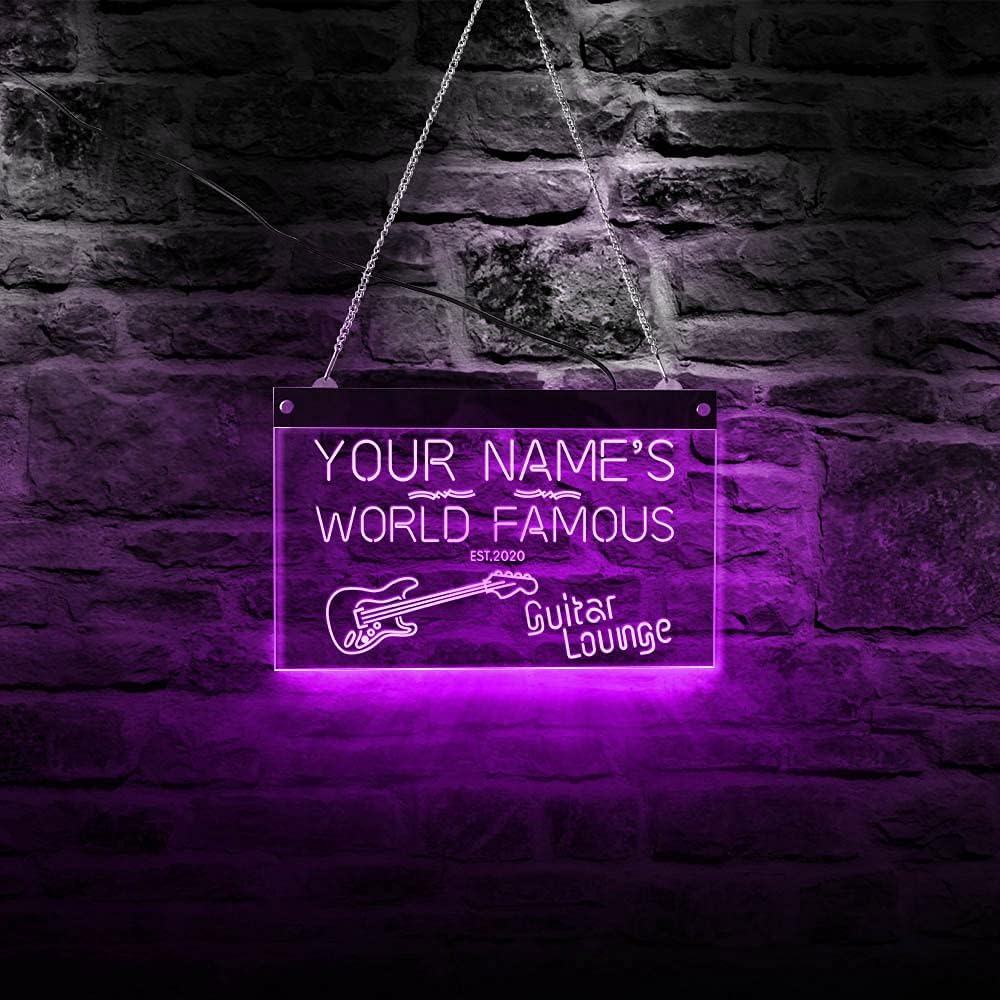 The Geeky Days Personalized Your Name World Famous Guitar Lounge Multi Color LED Luminous Electronic Neon Sign Lamp Music Band Room Man Cave Decorative LED Lighted Neon Sign Board(19.68 x11inches)