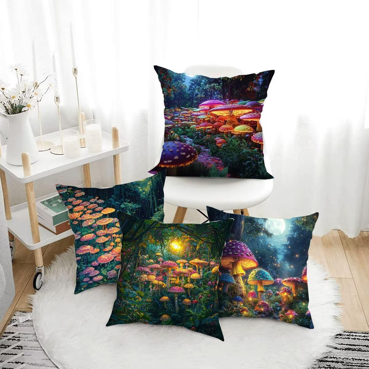 Poszewka na poduszkę 70x70 cm, zestaw 4 dekoracji wnętrz grzyby las sofa poduszki salon poszewki na poduszki welurowe do domu poduszki na zewnątrz meble ogrodowe poszewka na poduszkę d-368