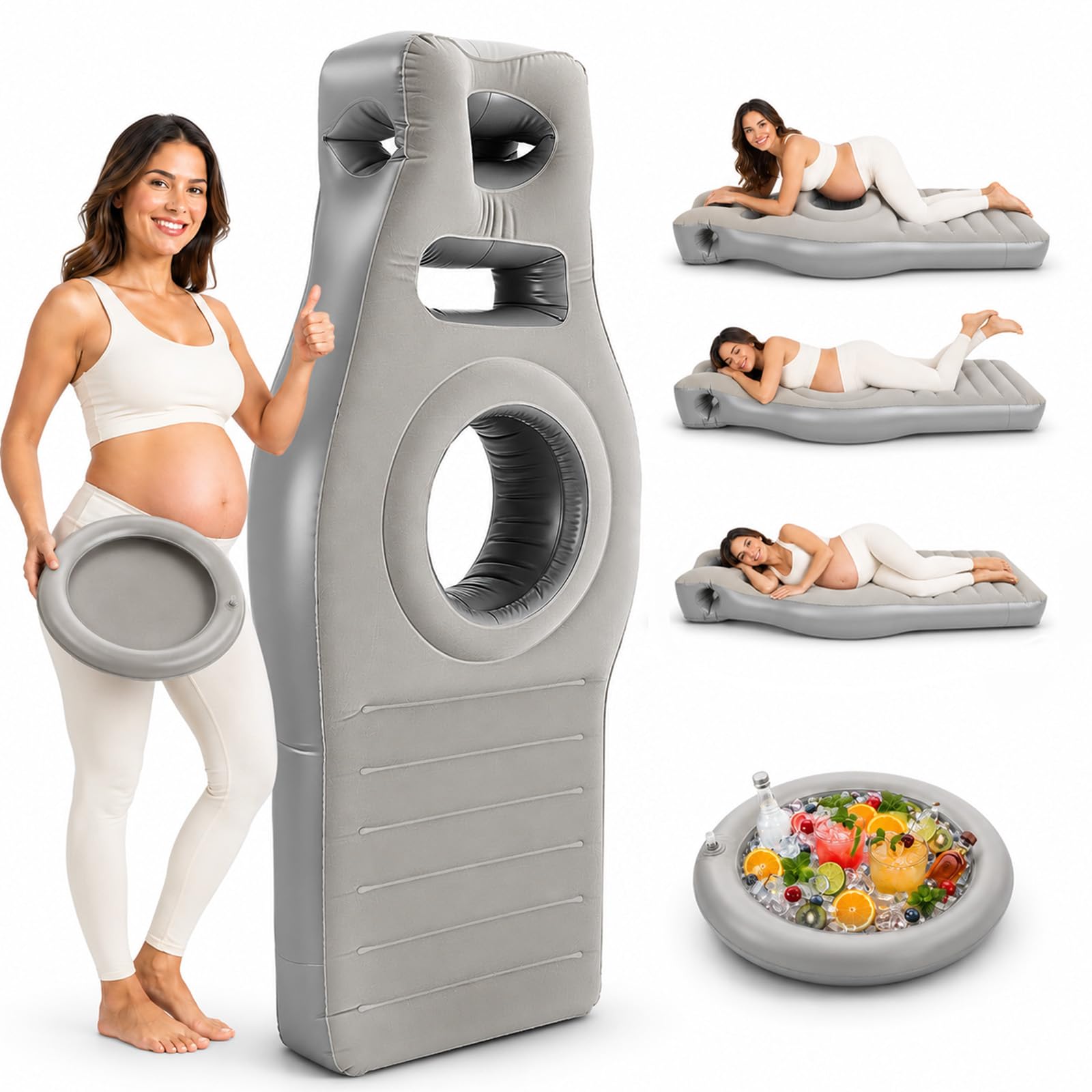 Cojín hinchable de embarazo con abertura abdominal, colchón de aire de PVC flocado para embarazadas para tumbarse sobre el estómago, con bomba y bandeja de agua extraíble, ideal para embarazadas y