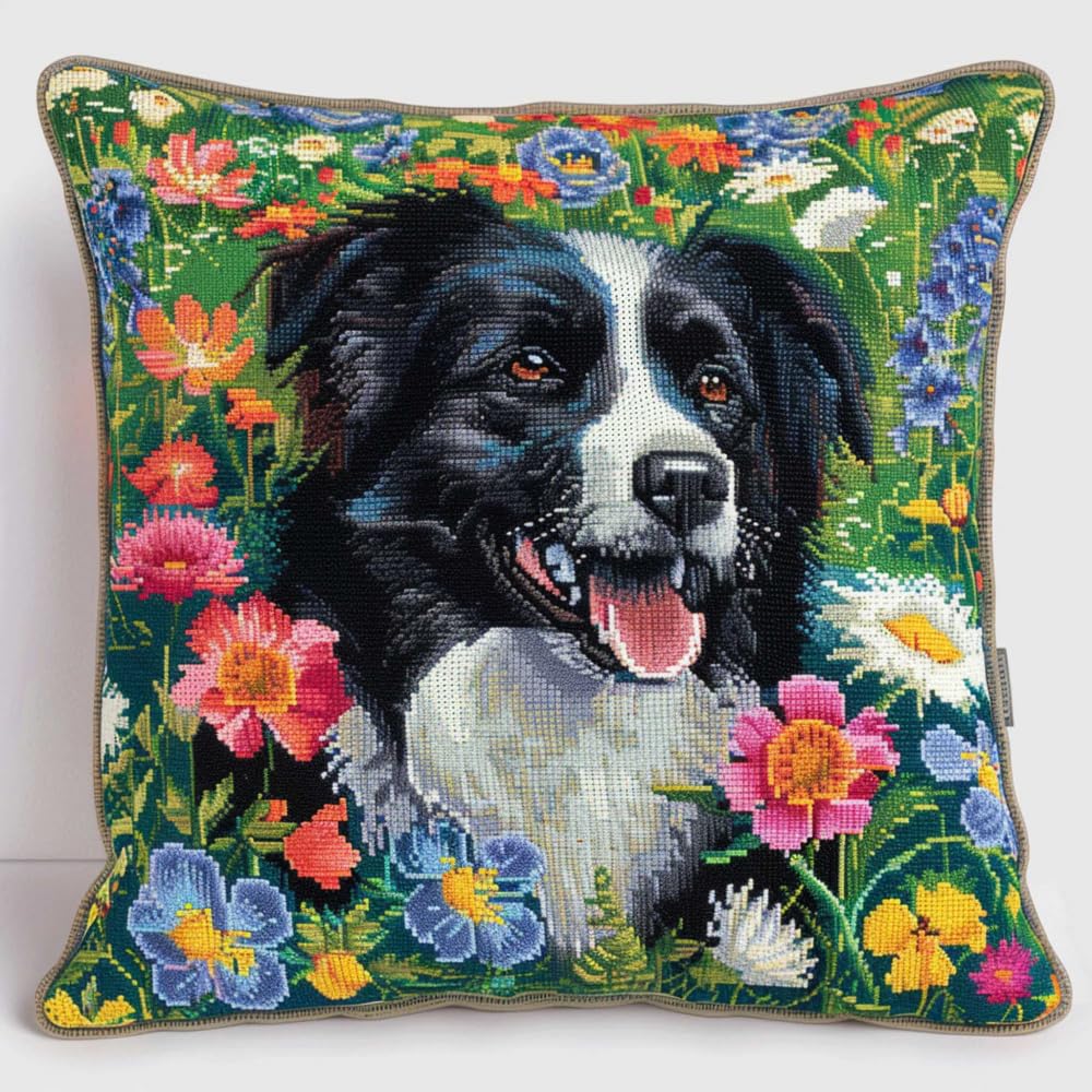 ORLUMY Border Collie Animal Latch Hook Kits Dog and Flowers DIY Latch Hook Kits Yarn Kits Pillow Rug Pattern Arts and Crafts Crochet Needlework 43x43cm