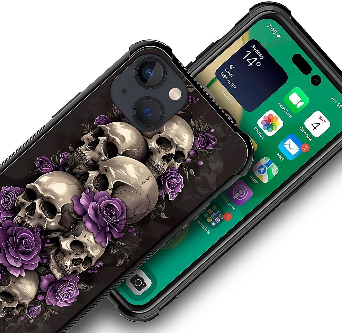 for iPhone 14 Case, Shockproof Protective for Man Women Non-Slip for iPhone 14 Illustration Scary Skulls Purple Roses Crazy Pattern - Image 3