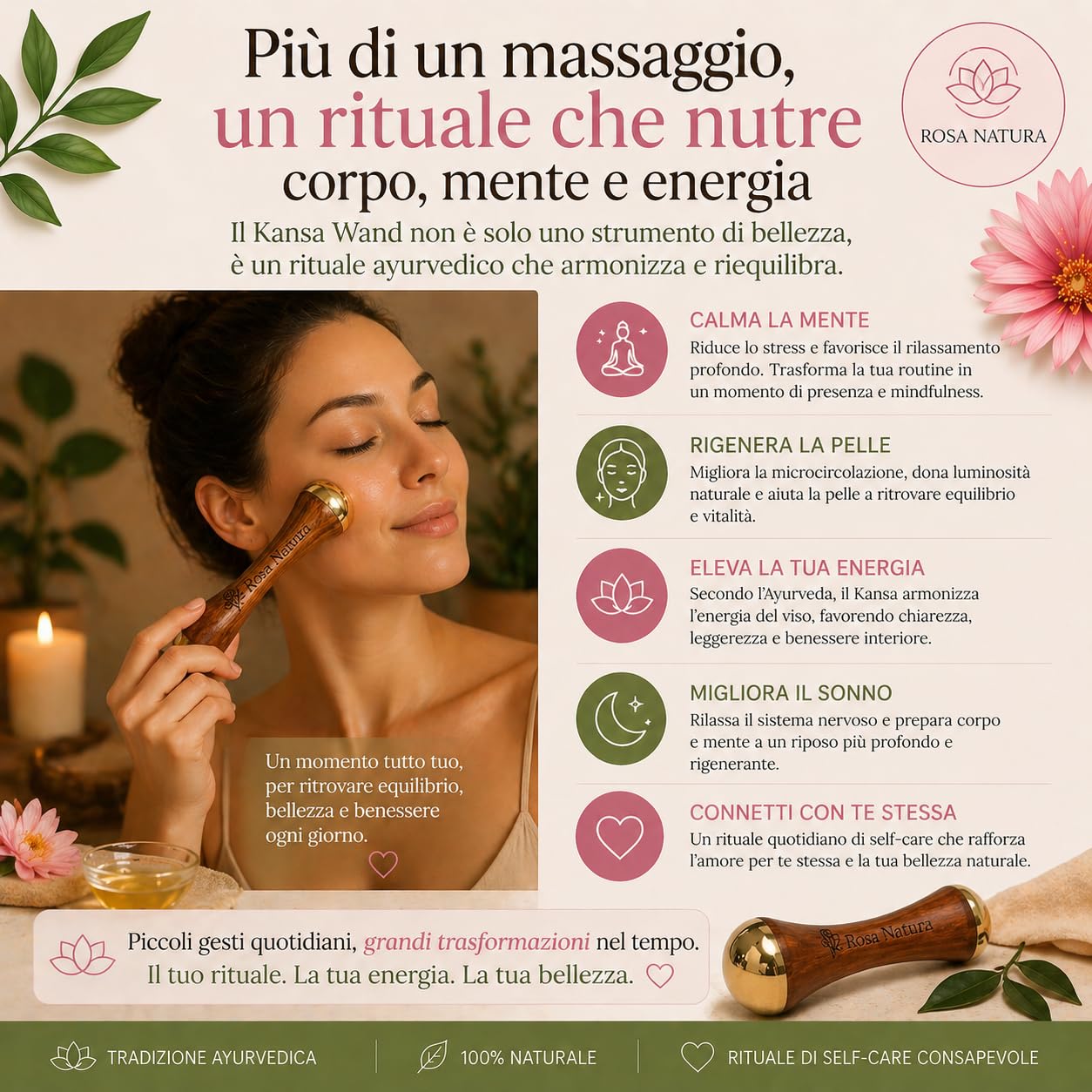 Kansa Wand Rosa Natura – Massaggiatore Viso Ayurvedico, Doppia Testa Bronzo e Teak, Effetto Lifting Naturale, Anti-Età, Pelle Luminosa e Distesa, Massaggio Viso e Collo