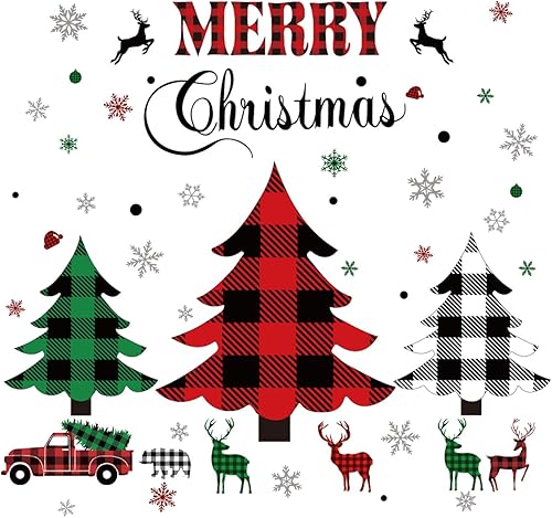 Miniatura 5 de Adhesivo de pared de Navidad, árboles de Navidad, calcomanías rústicas de búfalo a cuadros de árbol de Navidad, calcomanía de pared de árbol de