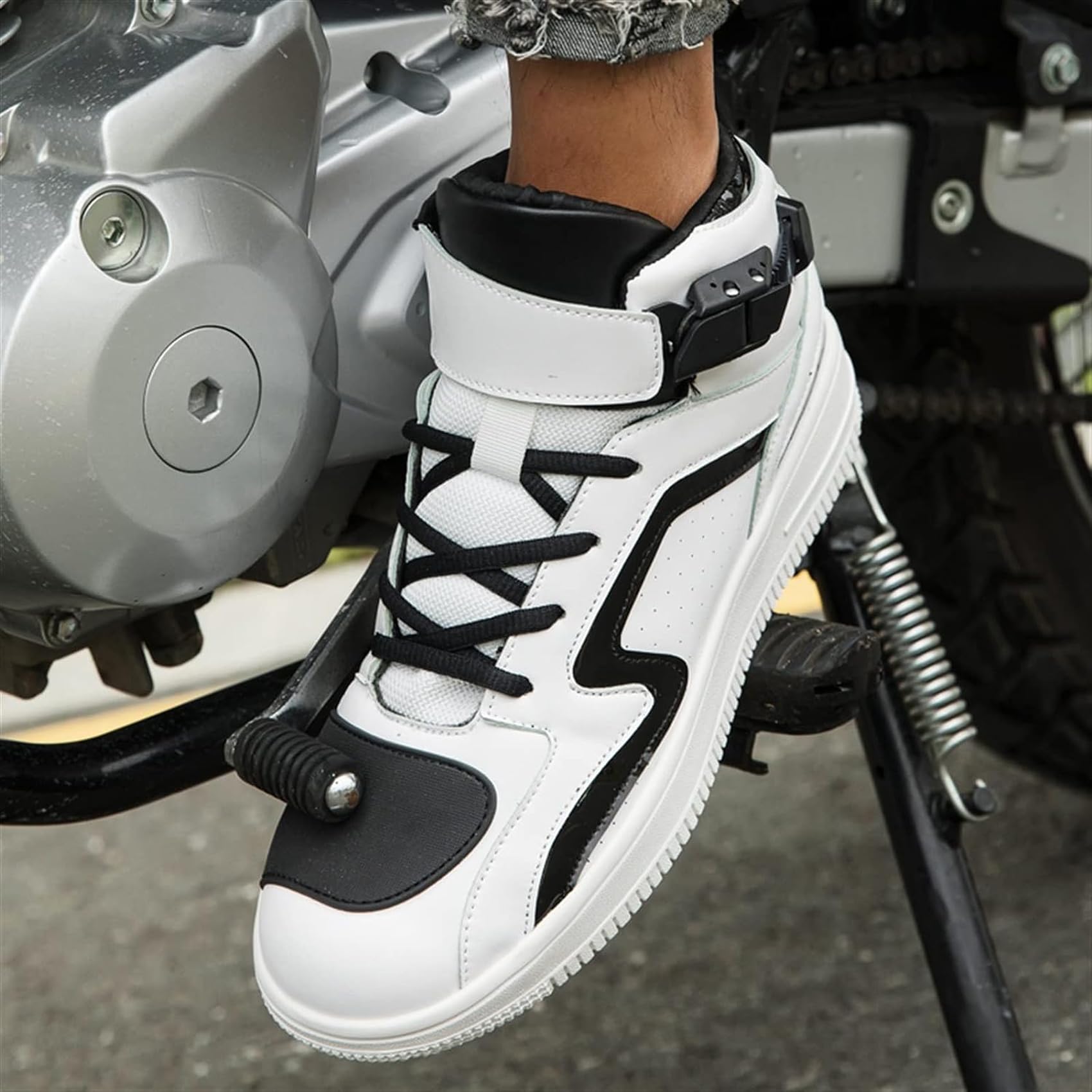 DJFOG Herren-Motorradschuhe, Leder-Biker-Motorradstiefel, Fahrradschuhe mit Knöchelstütze, Aufprallschutz, professionelle Schuhe