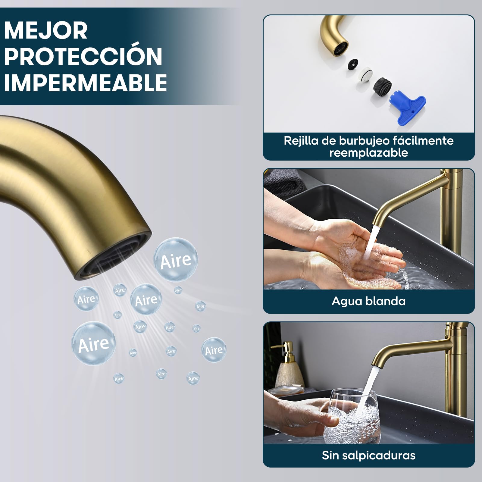 Grifo Lavabo Alto Giratorio 360°, DETBOM Grifo Monomando Agua Fría y Caliente, Grifos Dorado para Lavabo de Encimera, Mezclador de Baño, Acero Inoxidable 304, Aireador Extraíble, Oro Cepillado
