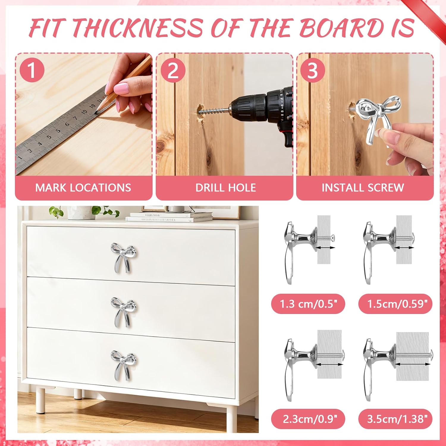 4 Pack Silver Bow Dresser Knobs Cute Drawer Knobs Decor Drawer Zinc Alloy Brushed Hardware Handles Pulls Vintage Cupboard Drawer Knob for Kitchen Cabinets Home Bedroom (4, Silver)(4, silver-4)