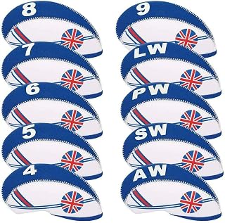 TOHMLAPE GOLF 10pcs UK Flag Patterned Neoprene Golf Club Wedge Iron Head covers cover set Headcovers Protect Case,White & Blue