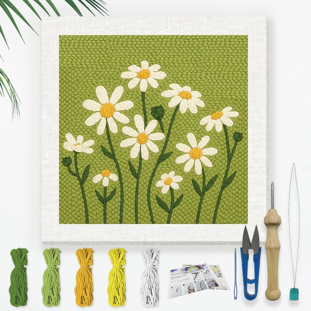 DOODLREAM Daisy Flower DIY Punch Needle Embroidery Kit for Adult Beginner, 9.4" Daisy Punch Stitching Craft Set for Starter with Frame, Fabric Pattern, Threader, Yarn, Pinch Needle