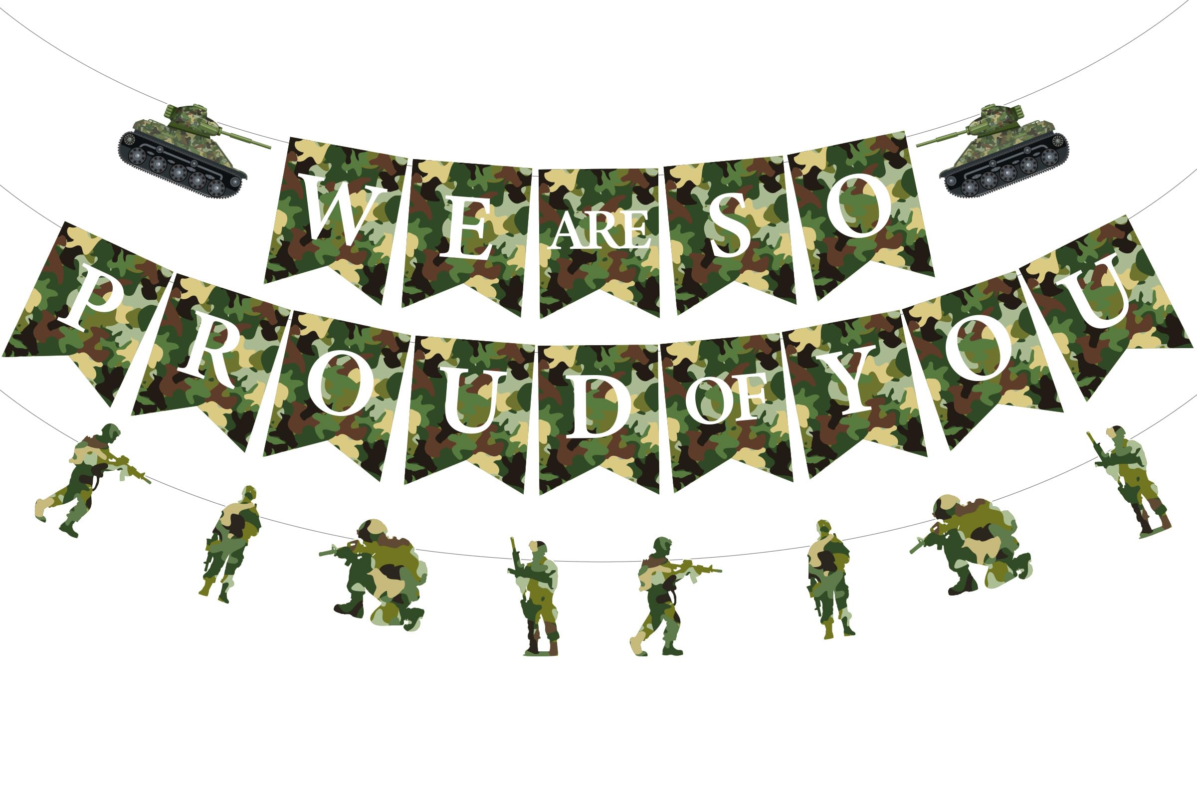 JOYMEMO Camouflage We Are So Proud Of You Banner with Army Banner - Army Decorations for Military Going Away Farewell Soldier Retirement Graduation Party, Pre-strung
