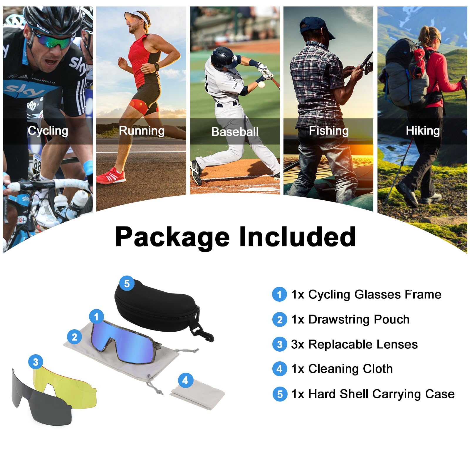 Polarisierte Fahrradbrille, Sportsonnenbrille mit 3 Wechselgläsern, beschlagfreie Brille mit TR90-Vollrandrahmen für Damen und Herren zum Wandern, Angeln, Baseball und Golfen