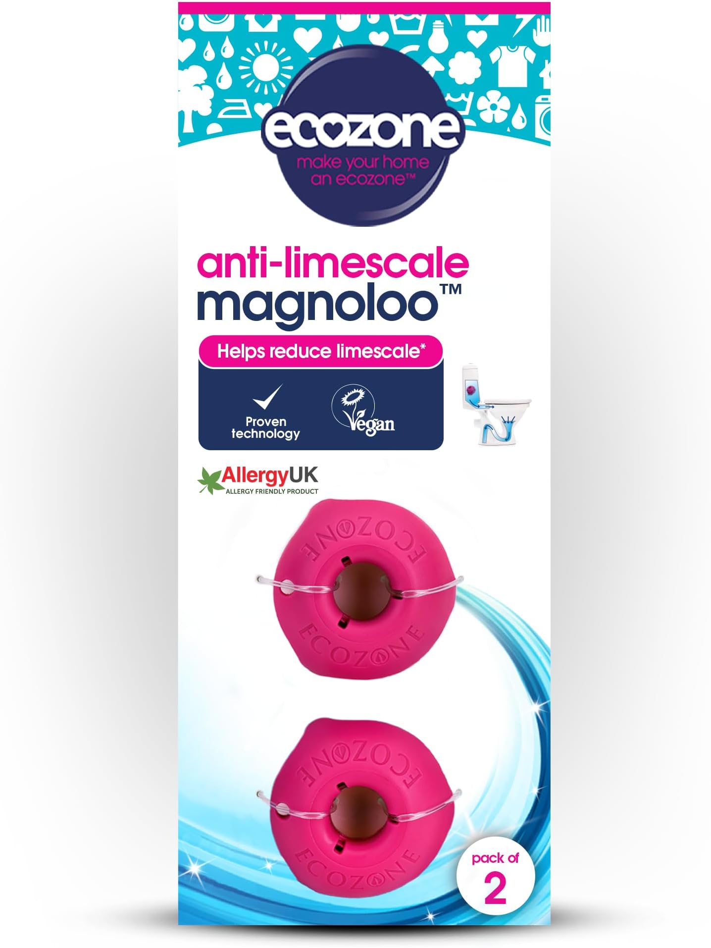 Ecozone Magnoloo Anti Limescale Treatment For Toilets, Removes & Prevents Limescale, Lasts For Up To 5 Years, AllergyUK Certified, Vegan, Cruelty Free - Pack of 2