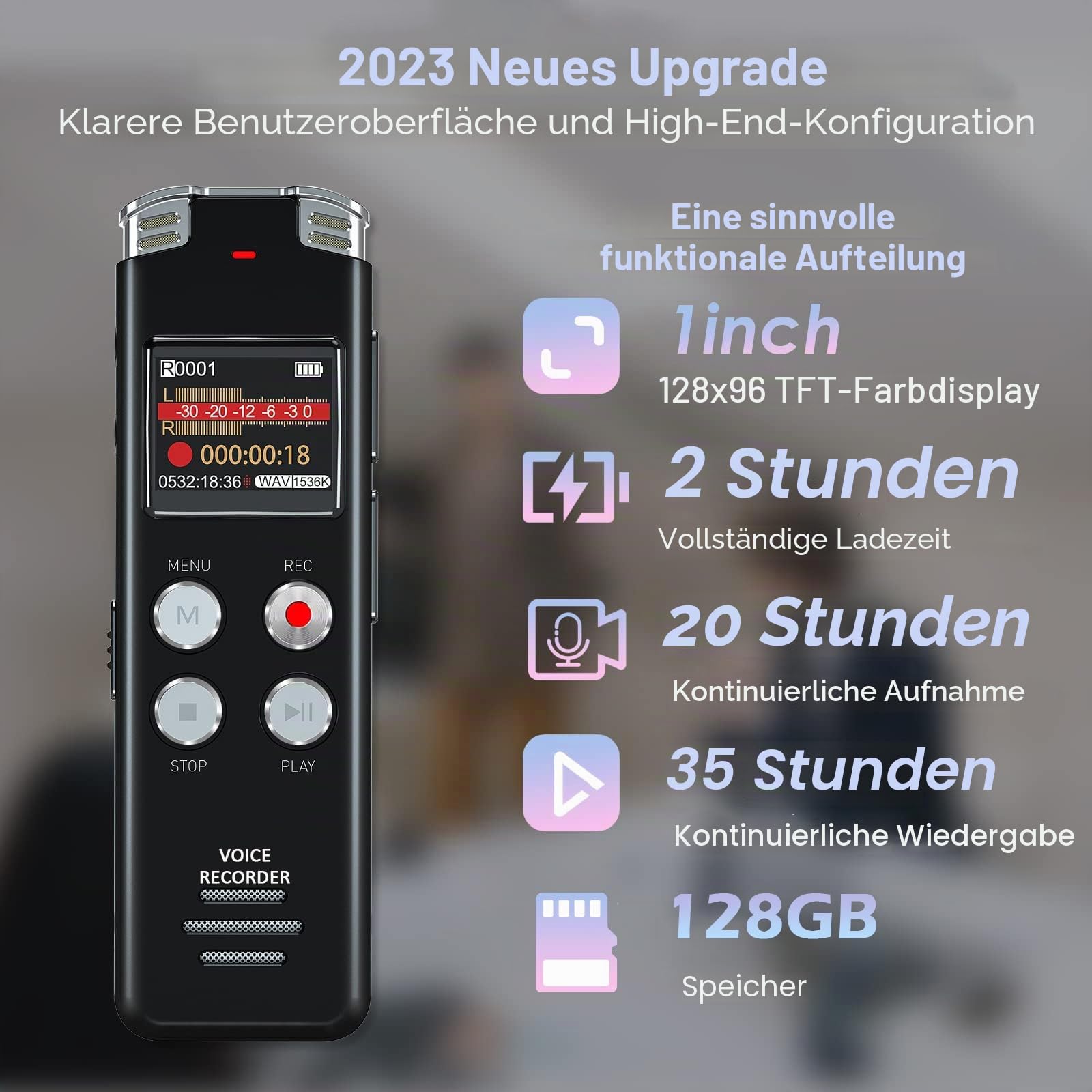 EVISTR Digitaler Voice-Recorder, 128 GB – Tonaufnahmegerät mit Sprachsteuerung und Geräuschreduzierung – wiederaufladbar für Konferenzen und Meetings