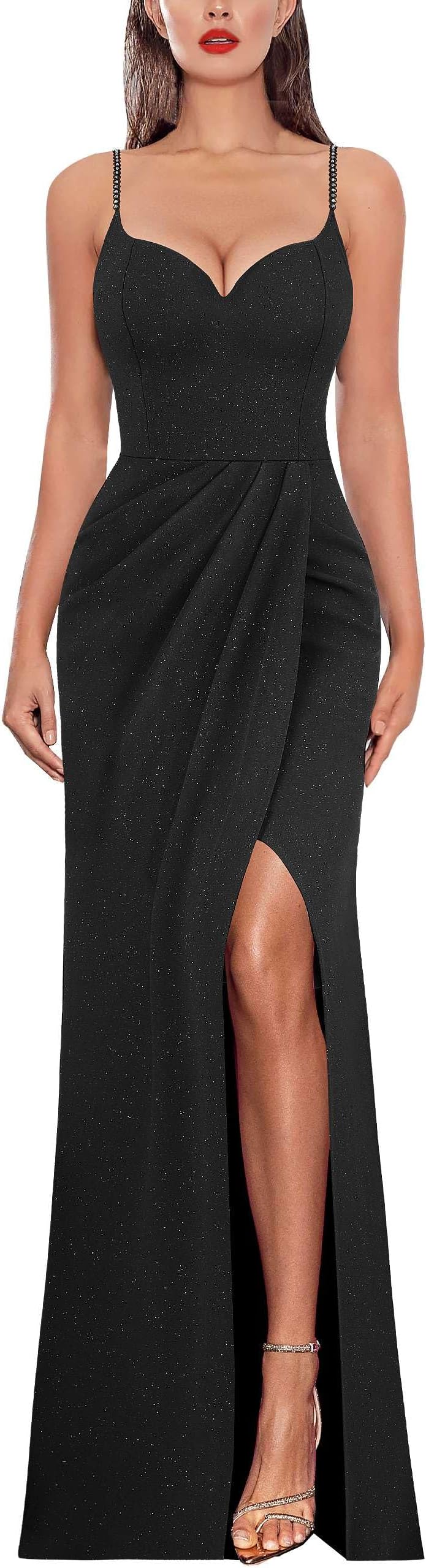 Womens Sexy Formal Ruched Fitted High Slit Bodycon Maxi Dress Spaghetti Strap Sweetheart Cocktail Prom Evening Gown