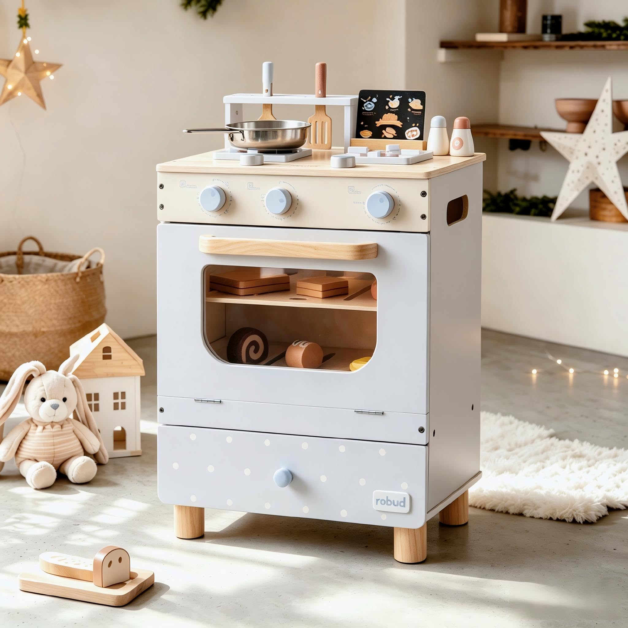 ROBUD Cucina da gioco in legno per bambini, set da cucina con forno giocattolo, fornelli, utensili, biglietti di ricette e pentole, set da cucina per bambini dai 3 anni in su