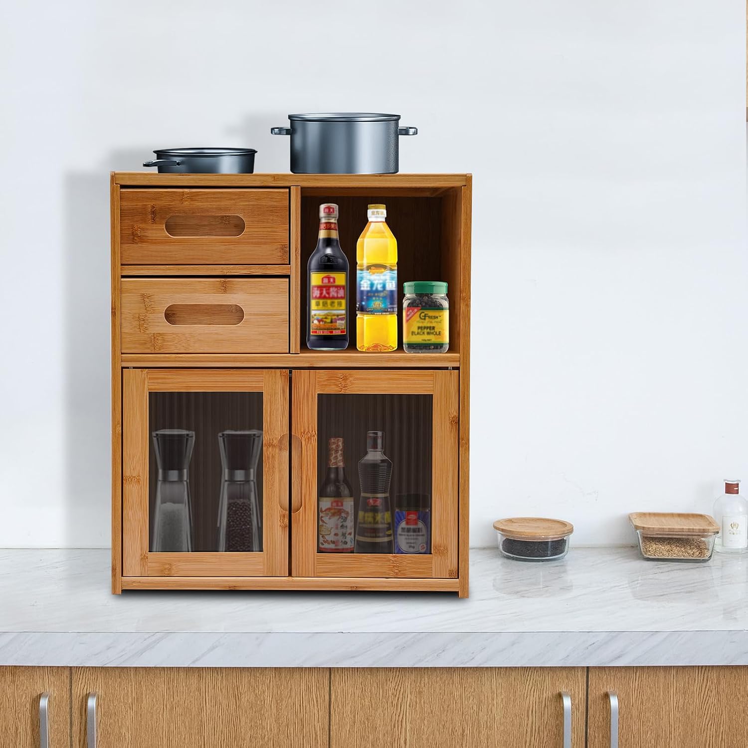 Wall Mounted Kitchen Pantry Sideboard with 2 Doors, Coffee Wine Bar Storage Cabinet for Liquor and Glasses, for Kitchen, Dining Room, Hallway, Spice Seasoning Bottle, Dish, Wood Color