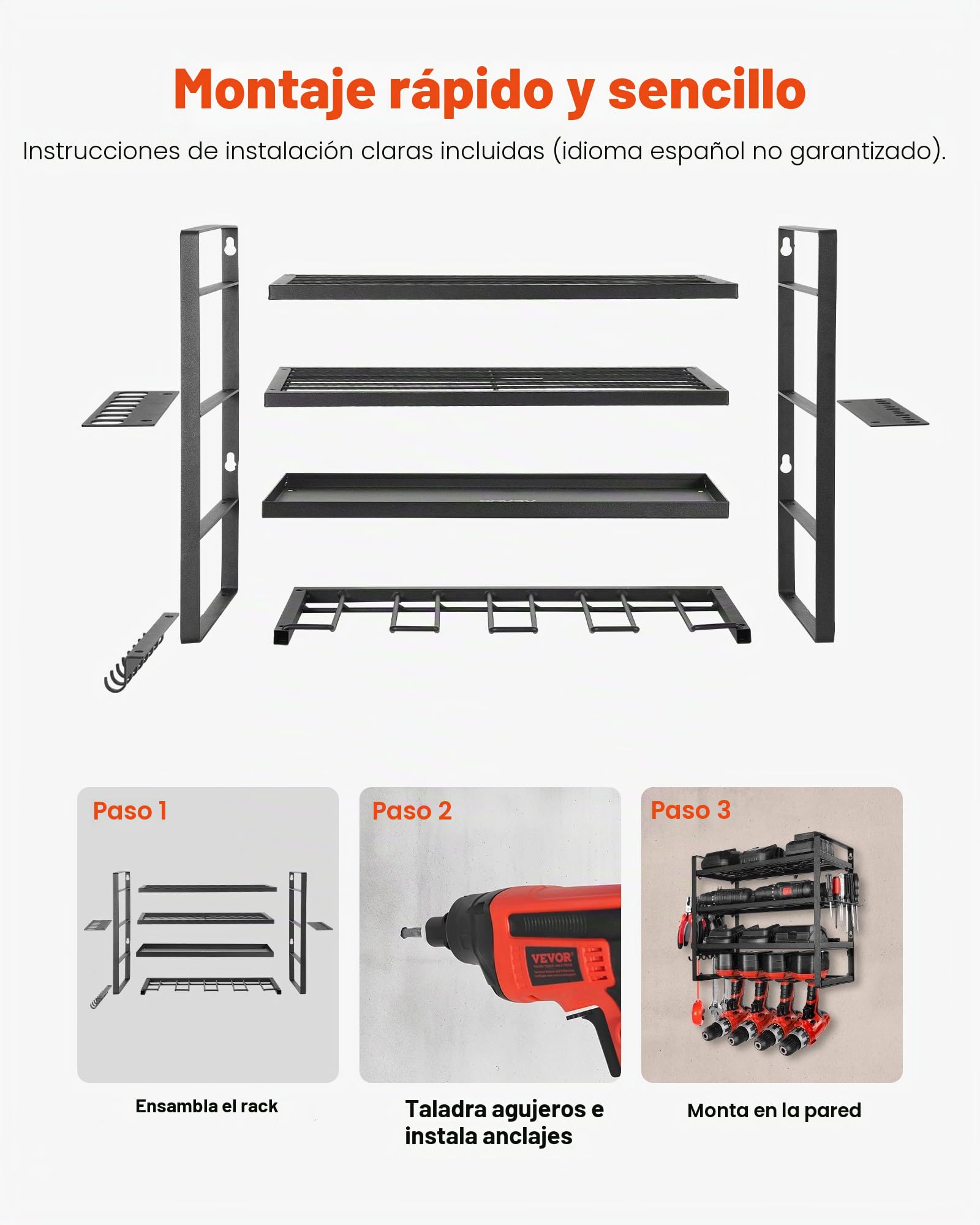 VEVOR Organizador de Herramientas Eléctricas de Pared, Estante de Almacenamiento de 4 Capas con 4 Soportes para Taladros, para Garaje, Banco de Trabajo y Taller, 490 x 200 x 370 mm, Carga 60 kg