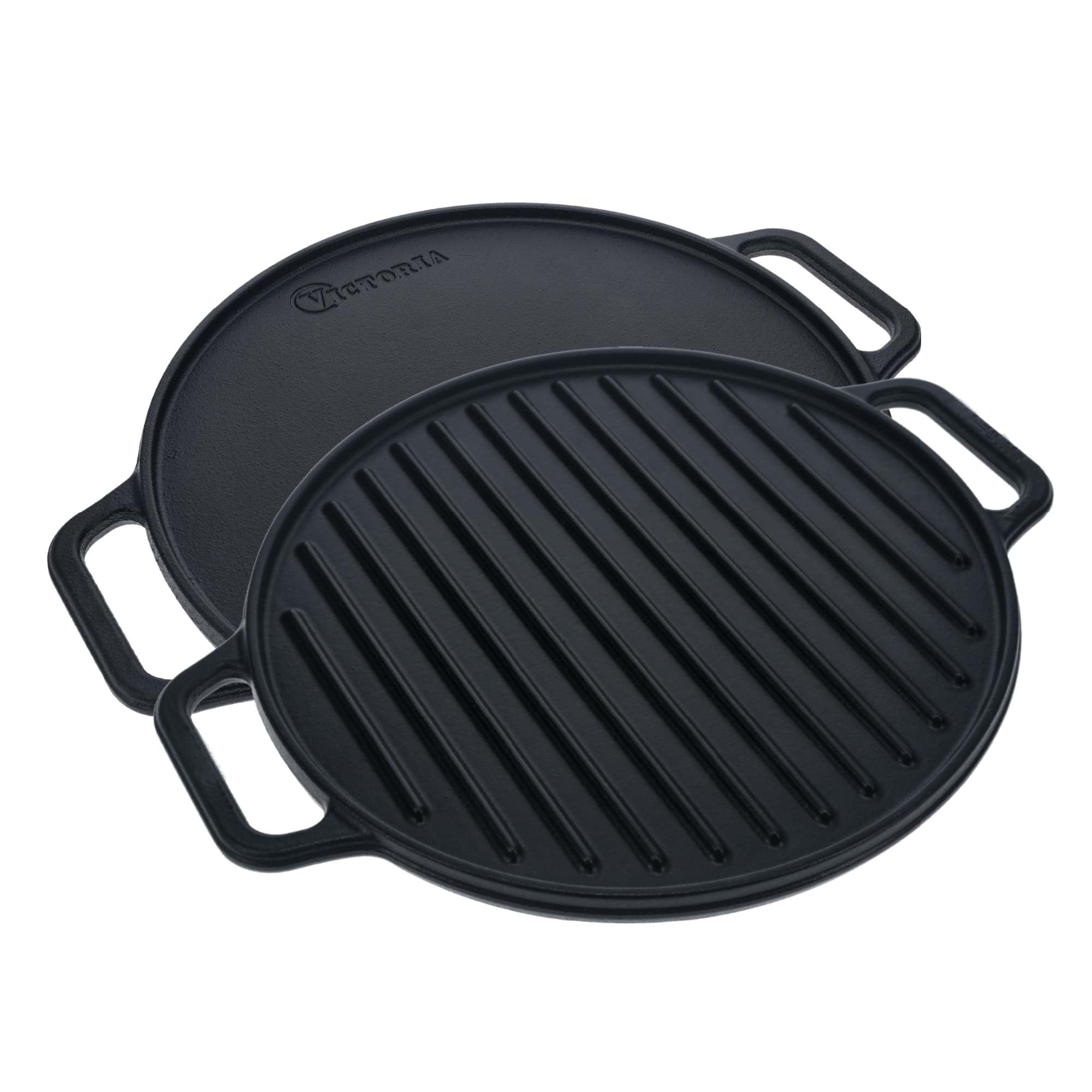 VICTORIA Grillplatte Emailliertes Gusseisen Grillpfanne 32cm Rund, Doppelseitig Verwendbar, für Feuer, Grill, Ofen, Vitrokeramik, Gas, Ohne Schadstoffe und PTFE