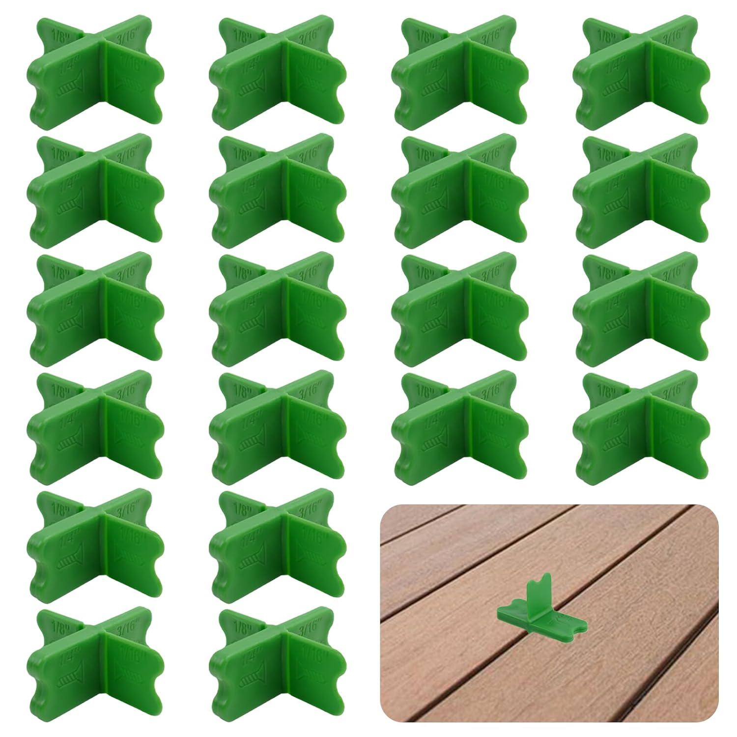 20 PCS Deck Spacers, 4 Thicknesses Deck Board Spacers(1/4", 3/16", 1/8", 1/16"), ABS Deck Spacer Tool for Composite Decking Boards (Green)