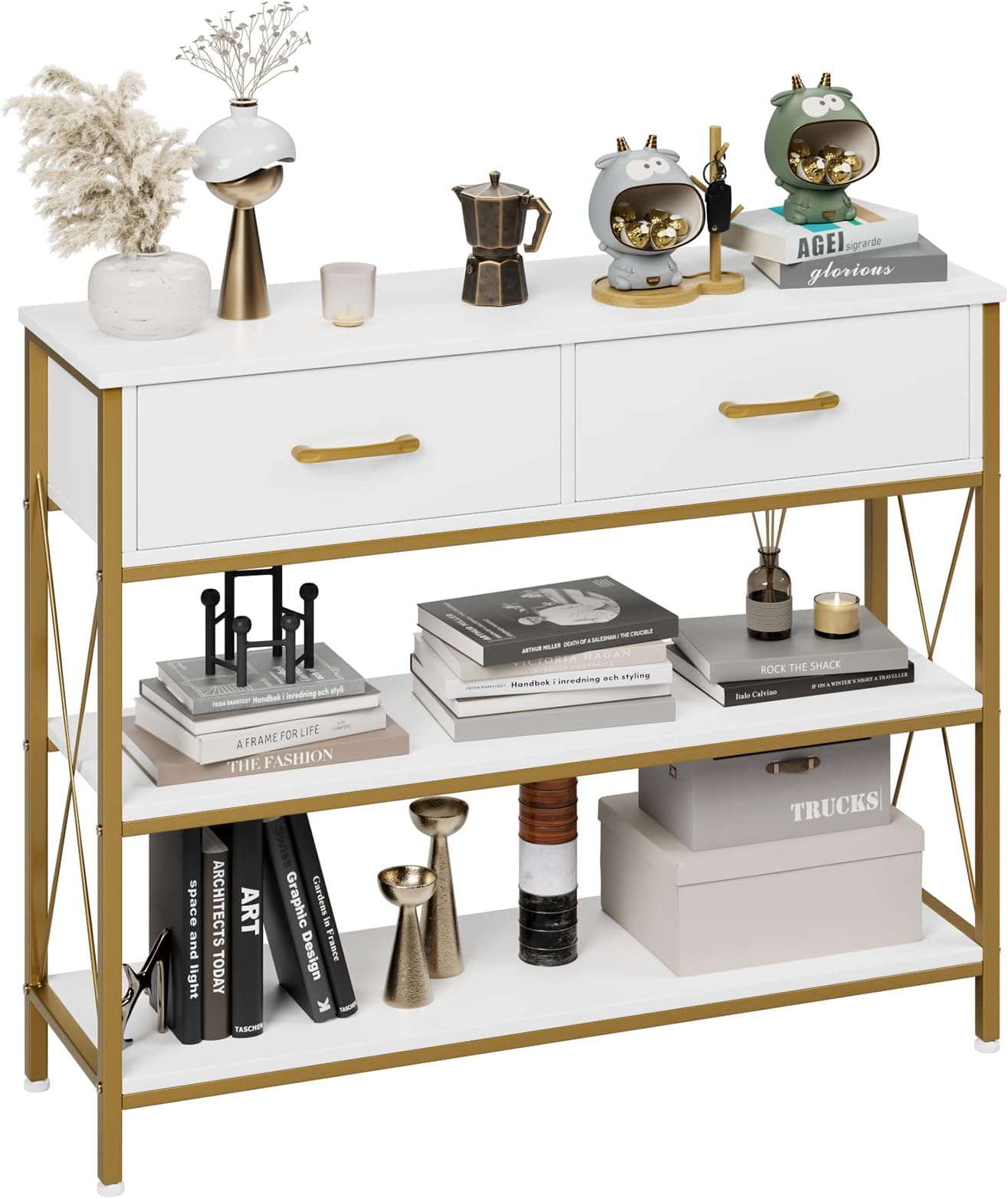 HITHOS Industrial Console Table with 2 Drawers, Narrow Long Entryway Table with 3-Tier Storage Shelves, Industrial Sofa Foyer Table for Living Room, Hallway, Entry Way, Foyer, Kitchen, White/Gold
