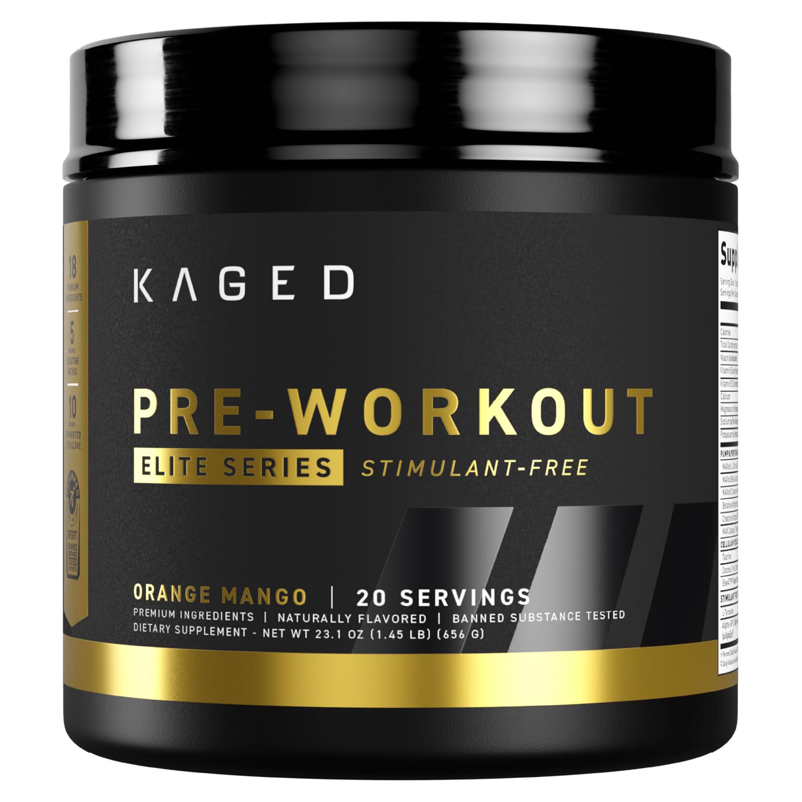 Kaged ' Pre Workout Powder Pre-Workout Elite Stim-Free for Men & Women | Power, Stamina, Focus, Pumps | L-Citrulline, Beta Alanine, Creatine | Caffeine-Free | Orange Mango | 20 Servings