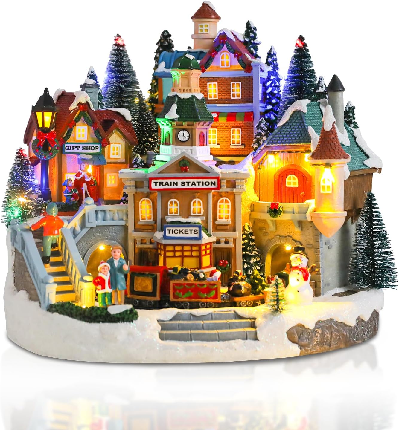 taman Christmas Village Houses - Musical Collectible Buildings with Moving Train Warm Light Ornaments for Christmas Holiday Decorations L village