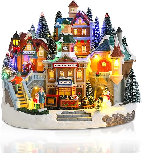 Casas de Pueblo Navideño de taman - Edificios Coleccionables Musicales con Tren en Movimiento, Luces Cálidas y Adornos para Decoraciones Navideñas