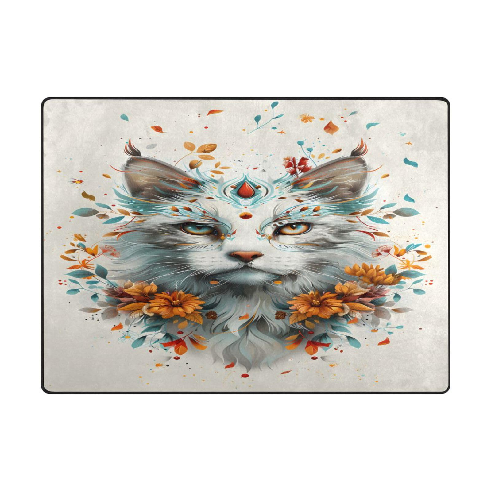 Grand tapis de sol 203x147 cm floral et chat pour salon et chambre contemporaine Mnsruu