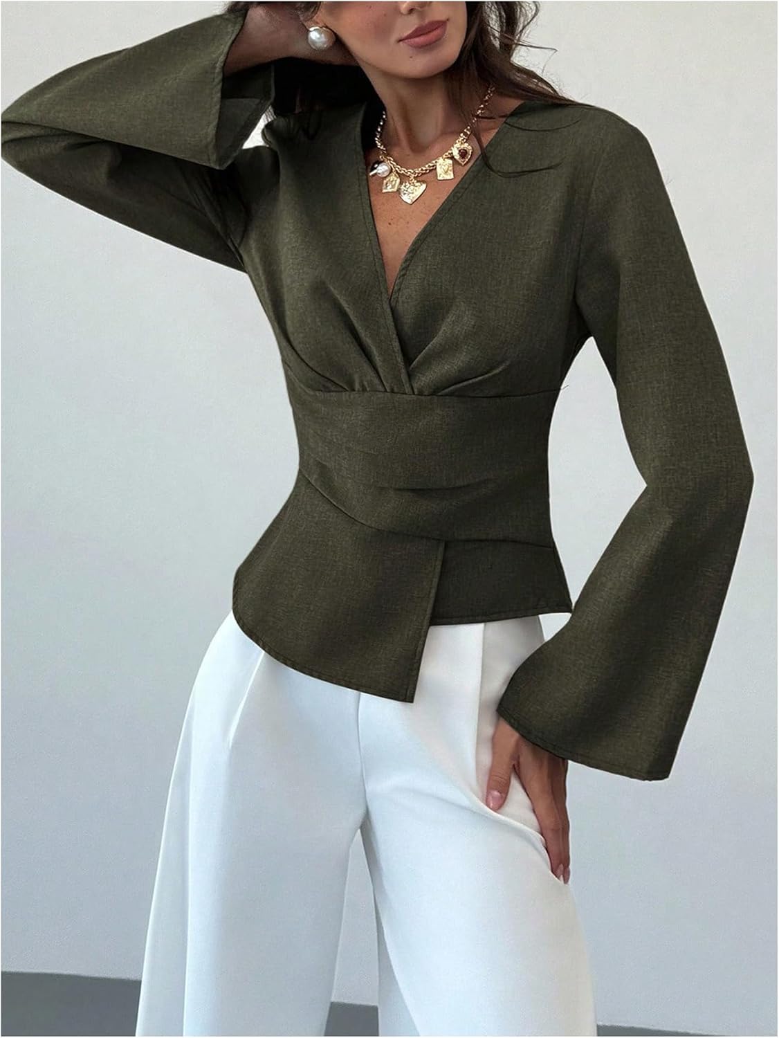 MakeMeChic Women's Wrap V Neck Blouse Bell Sleeve Pleated Business Dressy Tops - Image 5