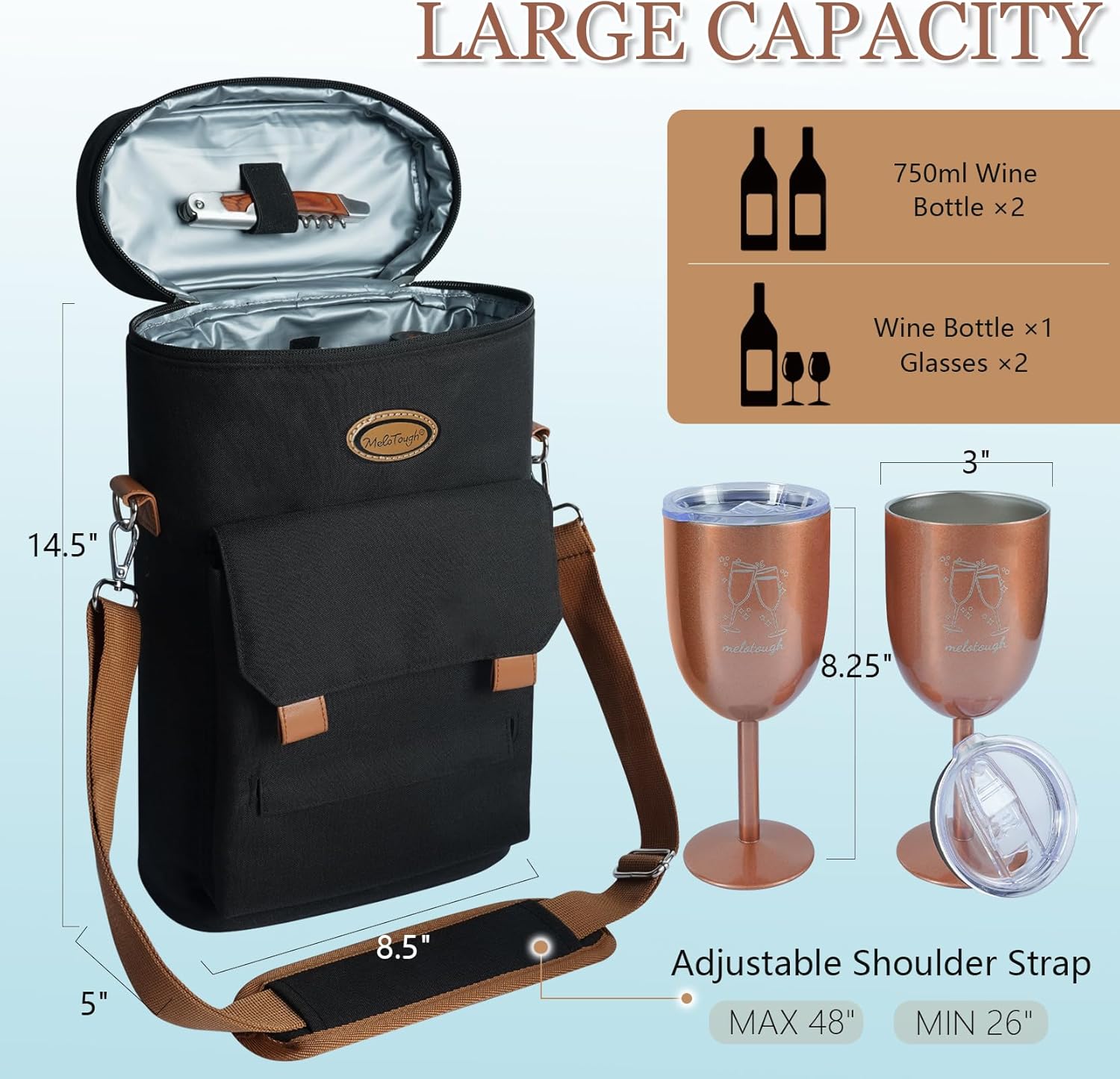MELOTOUGH 2 Bottle Insulated Wine Cooler with 2 Stainless Steel Glasses Portable Tote Bag Gift for Wine Lovers, Black