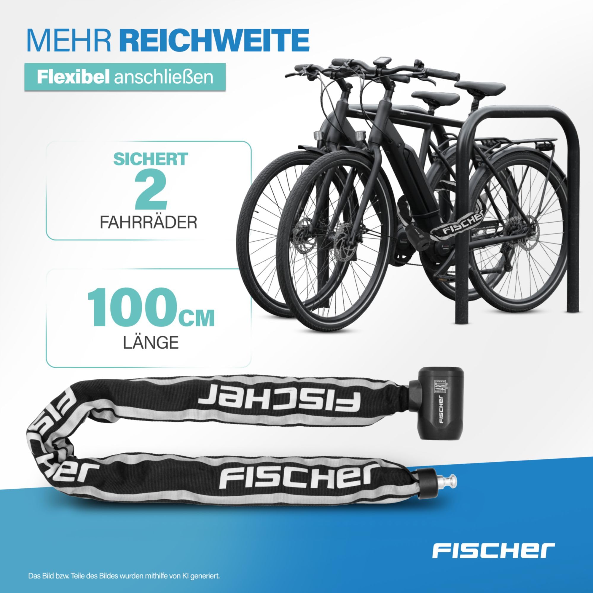 FISCHER PROTEC Plus+ CK100 - Lucchetto a catena per bicicletta, in acciaio, certificato di sicurezza, con 3 chiavi, colore: nero, 1 pezzo