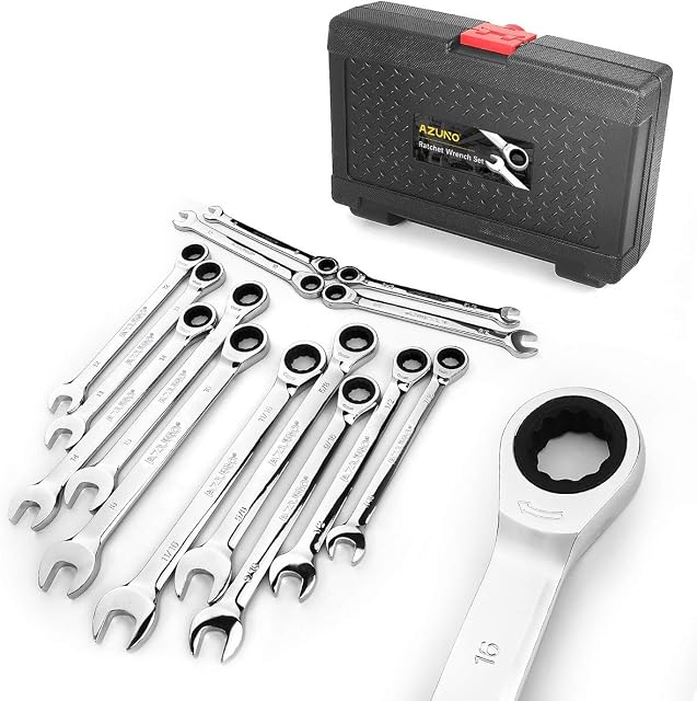 AZUNO Ratchet Spanner Set, 14-Piece Metric & SAE Combination Spanners, Chrome Vanadium Steel Combination Spanner Set with Deluxe Case