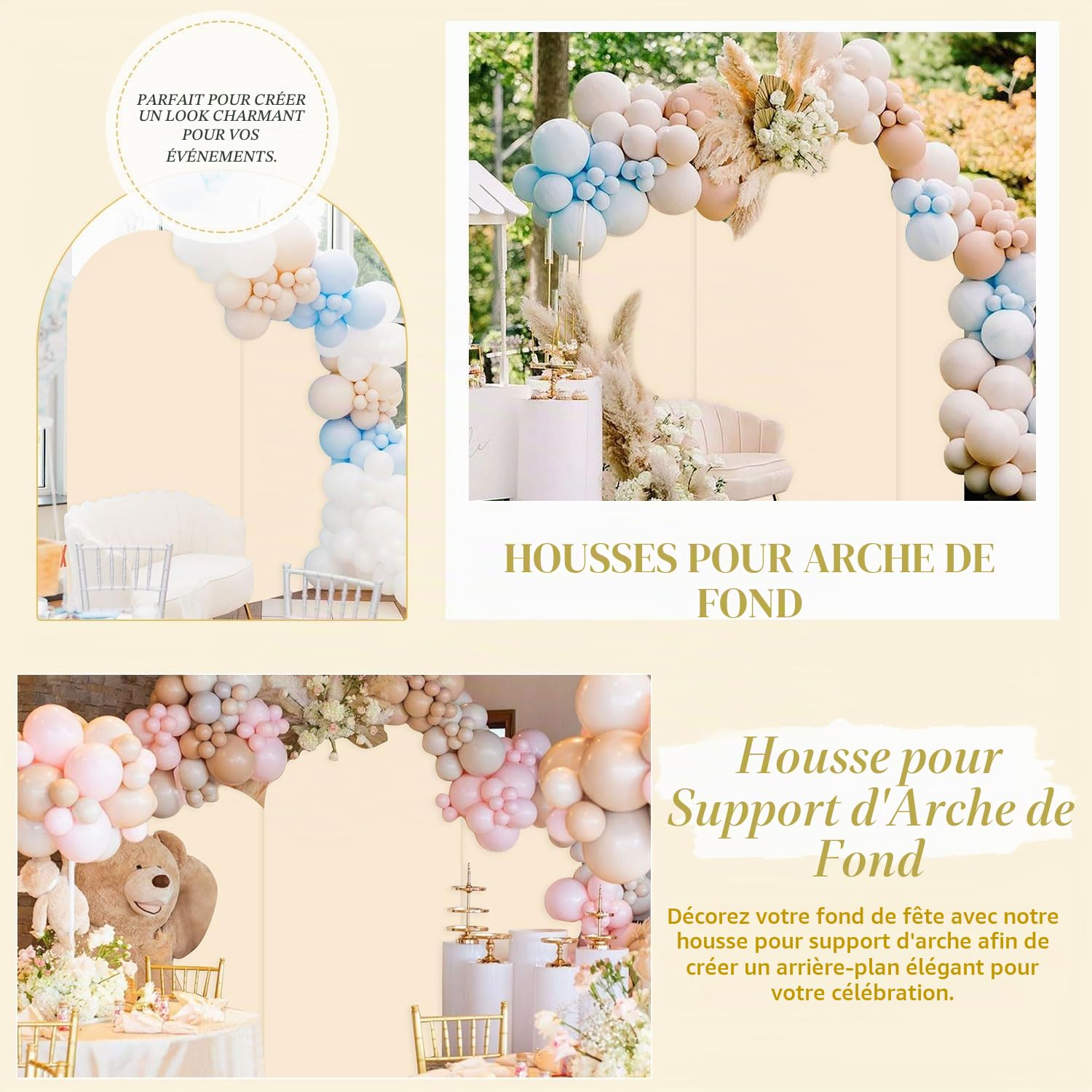 FUHSY Lot de 3 housses de toile de fond en élasthanne pour arche de mariage - Beige - 1,8 m, 2 m, 2,2 m - Pour décoration de fête d'anniversaire