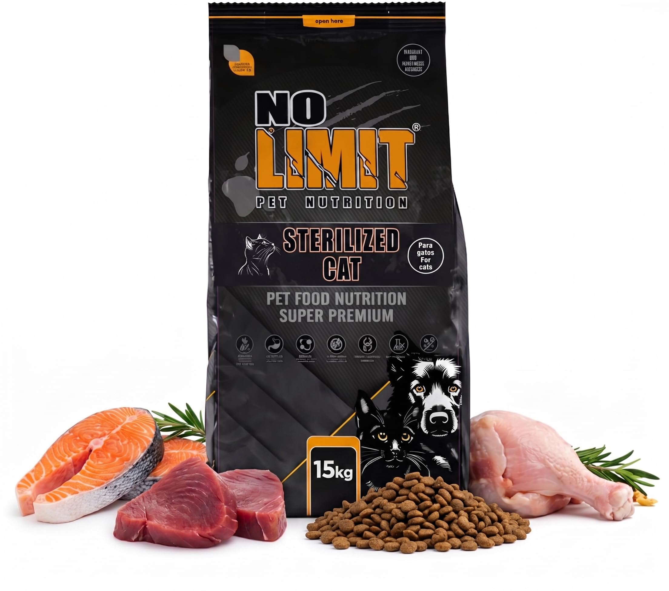 NO Limit Pienso para Gatos Esterilizados – Pollo, Atún y Salmón con Omega 3 – Comida Natural para Gatos Adultos – Cat Food Premium para Control de Peso, Articulaciones y Salud Urinaria - 15kg