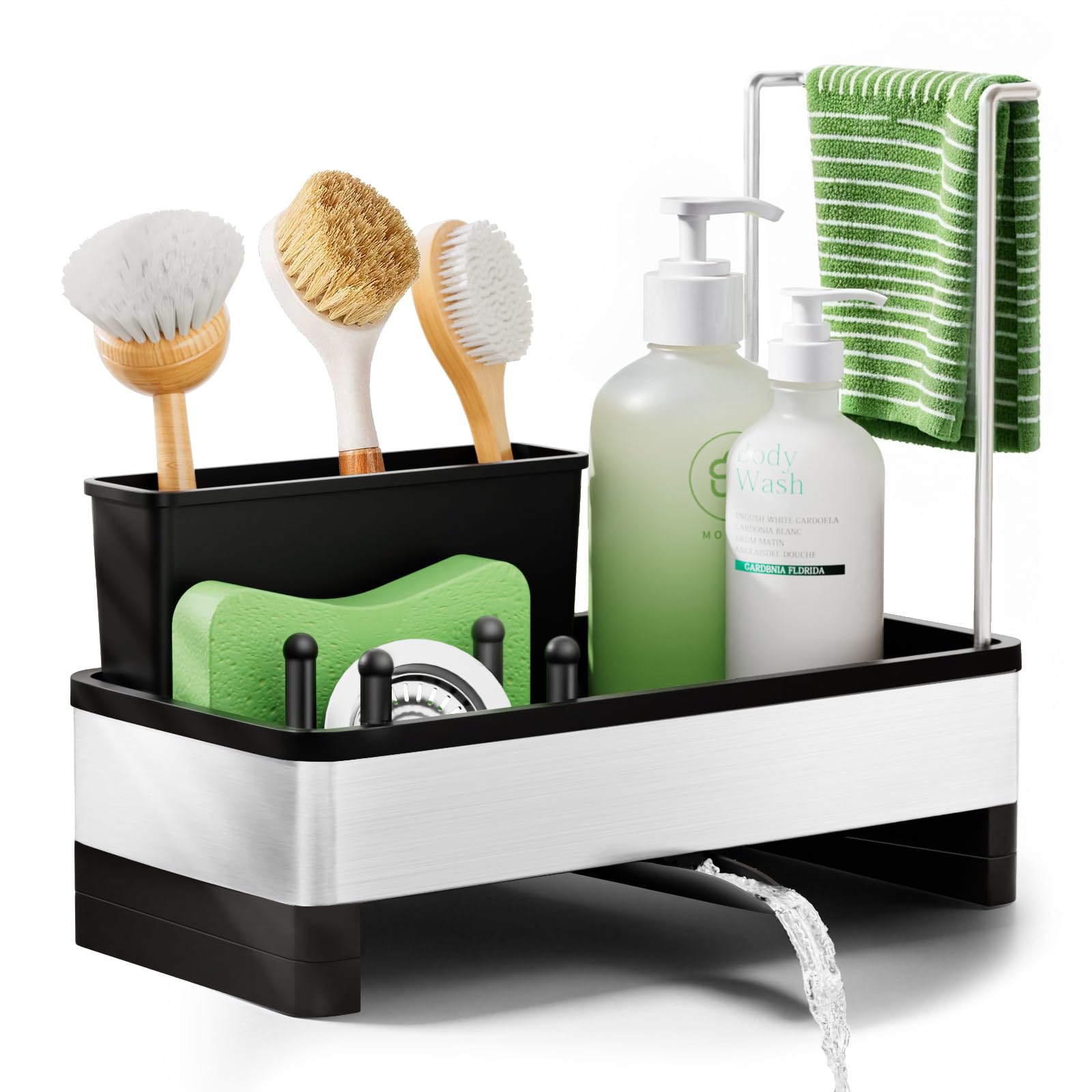 Alyvisun Grande Capacità Porta Spugne Lavello Cucina con Vaschetta di Scarico Autodrenante, Organizer Lavello Cucina in Acciaio Inossidabile, Accessori Multifunzionali per Cucina e Bagno
