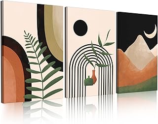 Large Framed Canvas Boho Wall Art Set of 3 Mid Century Modern Wall Art 16" x 24", Minimalist Wall Art Black Beige Neutral Abstract Geometric Prints Room Postersfor for Living Room Bathroom