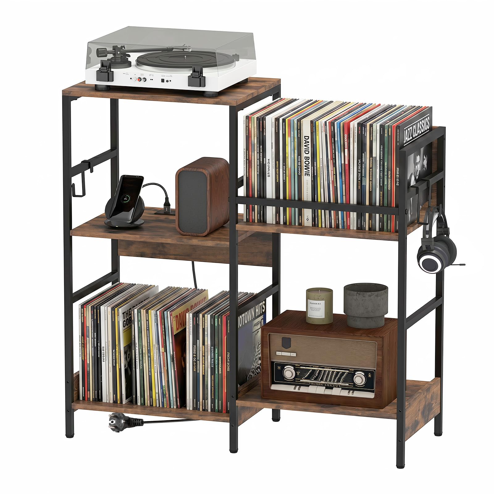 GIANTEX Supporto per Giradischi Multilivello, Mobile Vinili con Stazione di Ricarica, Mobiletto Porta Dischi in Legno con Ganci, Struttura Metallica, per Studio e Soggiorno, 78 x 30 x 78 cm