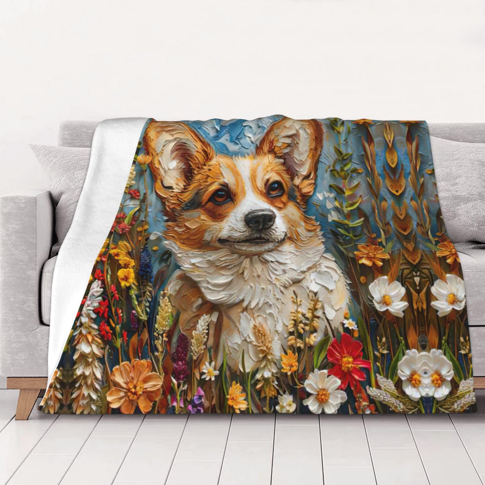 Couverture en flanelle Corgi imprimé floral de printemps pour lit et canapé
