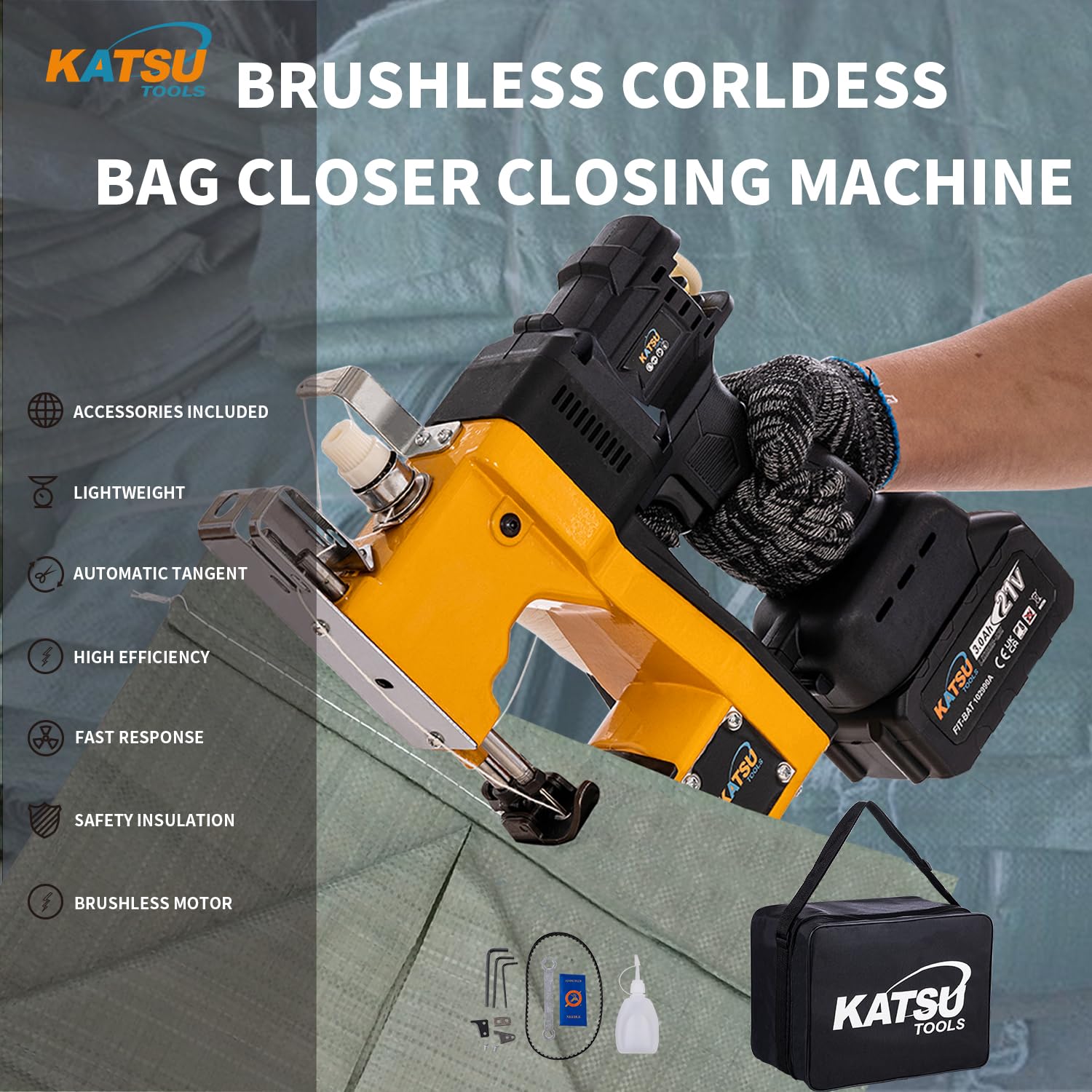 KATSU FIT-BAT Macchina da Cucire per Sacchi Portatile 21V senza Spazzole senza Fili Macchina per Cucire Borse con Batteria da 3.0 Ah, per Sigillare Sacchetti di Sacco di Tessuto/Carta/Plastica