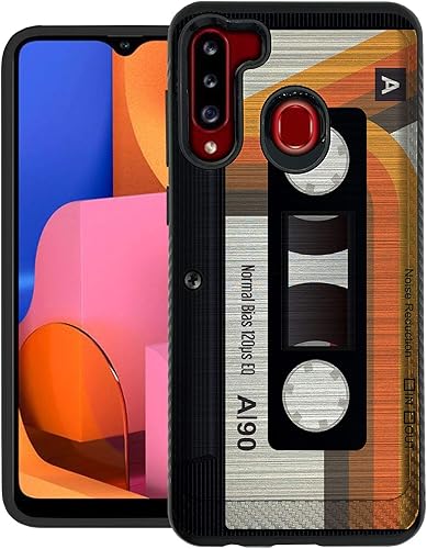 CasesOnDeck - Funda de agarre compatible con Samsung Galaxy A21 y A21 blindaje cepillado Funda delgada y resistente, color negro mate (casete retro)