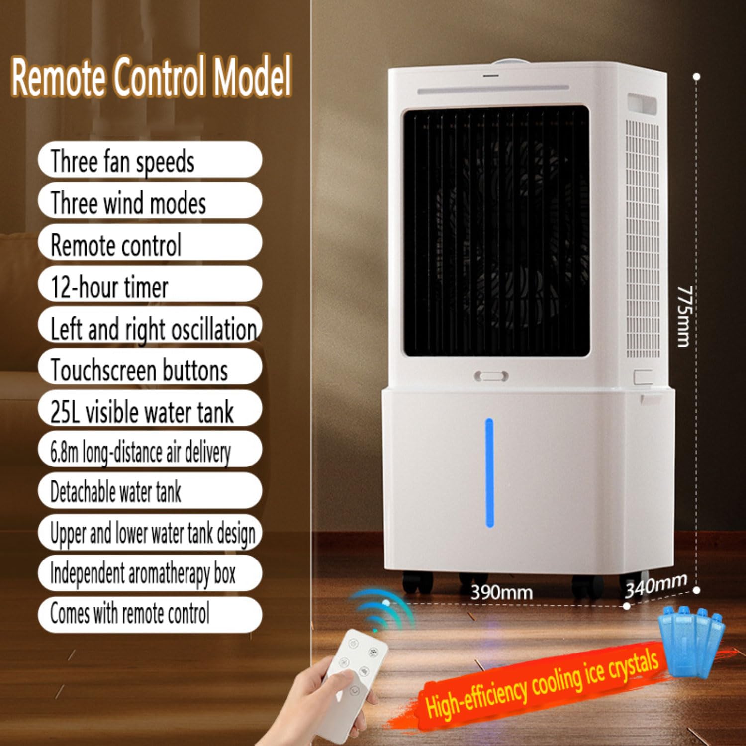 Condizionatore d'Aria Portatile, raffrescatore evaporativo da 25 Litri con 3 velocità e Timer di 12 Ore, Ventilatore a Raffreddamento rapido per Stanza, casa, Ufficio, Garage.