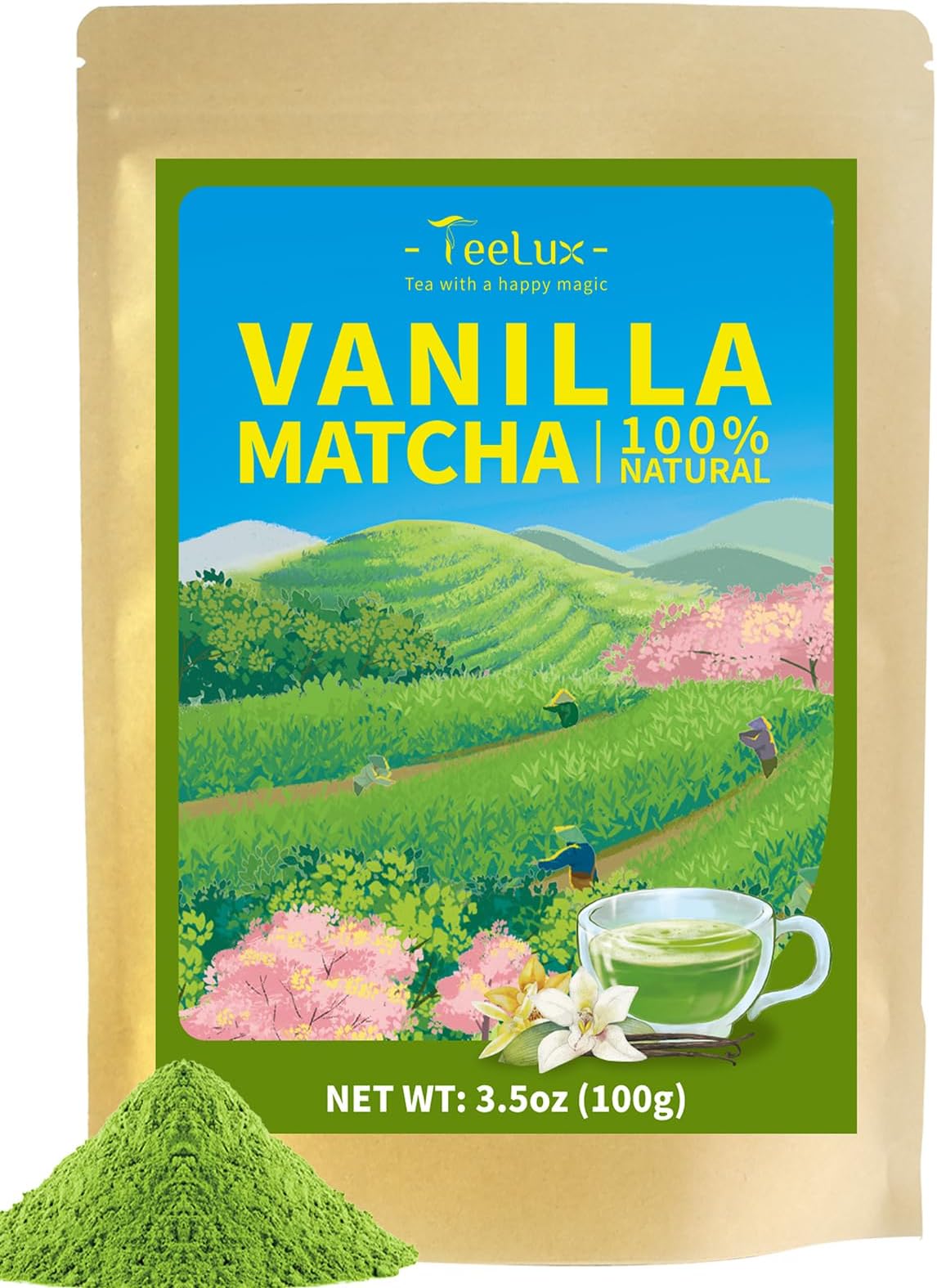 TeeLux Vanilla Matcha Green Tea Powder, First Harvest Premium Matcha + Delicate Vanilla Powder, Flavorful & Aromatic, Hot or Iced Tea, 3.5oz
