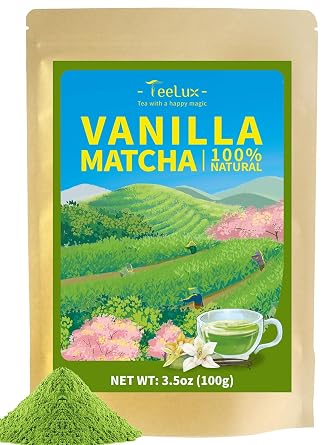 TeeLux Vanilla Matcha مسحوق الشاي الأخضر، First Harvest Premium Matcha + مسحوق الفانيليا الدقيق، شاي لذيذ وعطري، حار أو مثلج، 3.5 أونصة